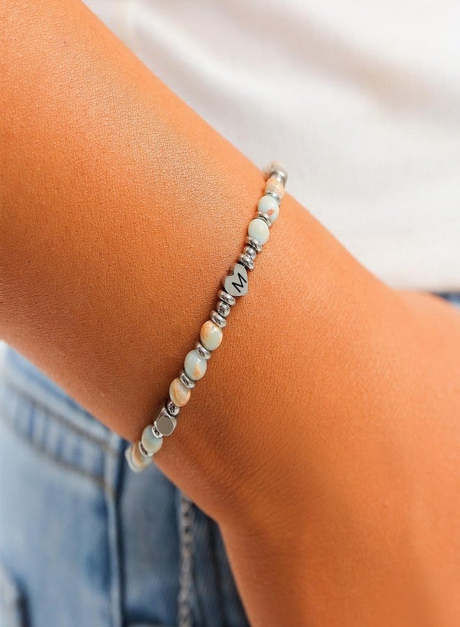 Bowdcvy Initial Beaded Bracelets for Women Silver Heart Initial Boho Bracelet Letter A-Z Charm Handmade Ball Bead Bracelet Trendy Jewelry Gifts for Mom Lover Friends (M) - Image 2
